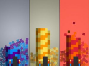Screenshot vom Spiel 3 farbige Türme aus Würfeln zusammgesetzt